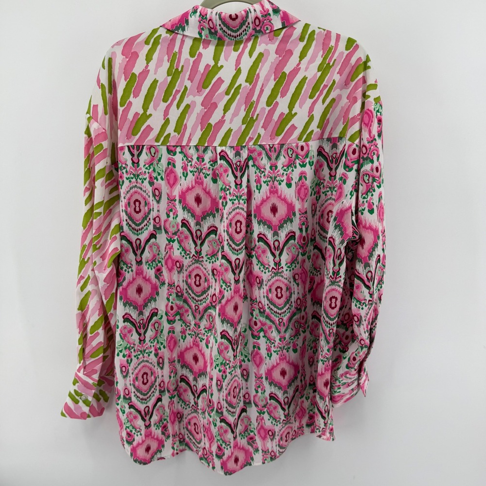 Entro Womens Small Pink Green Mixed Print Ikat Button Down Shirt Spring Oversize - Picture 4 of 7